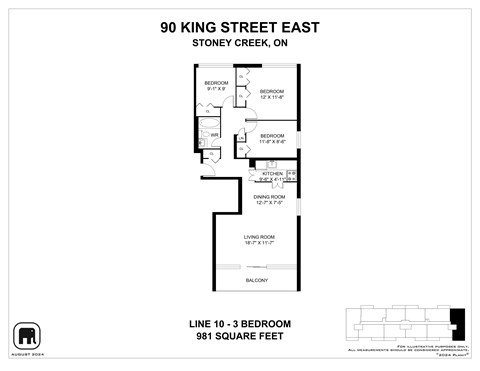 Floor plan for 3 beds, 1 bath, 979 sqft